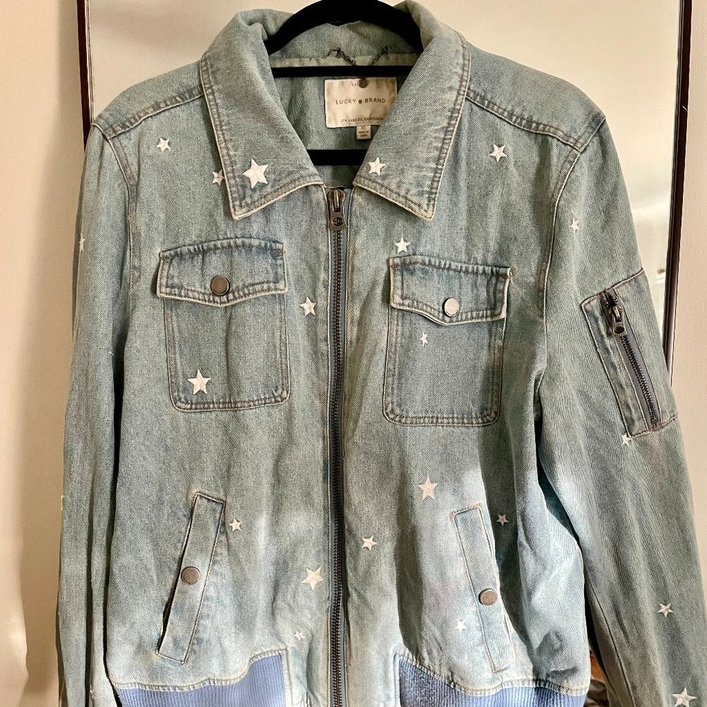 Lucky Brand Denim Star Embroidered Zip Front Bomber Jacket Blue Size XL